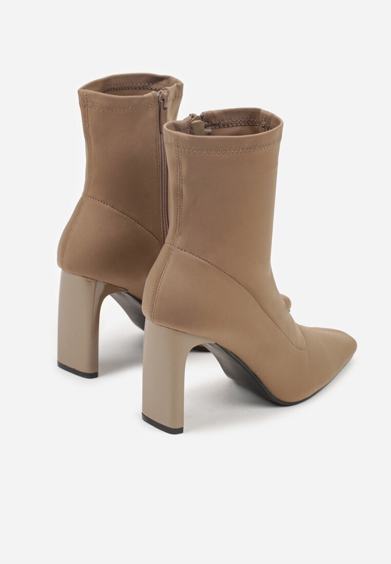 fashion belle Botine bej închis tip șosetă cu toc bloc și vârf ascuțit Atine