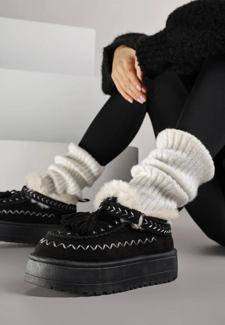 fashion belle Ghete de zăpadă Negre cu Talpă Groasă cu Franjuri și Broderie Linodis