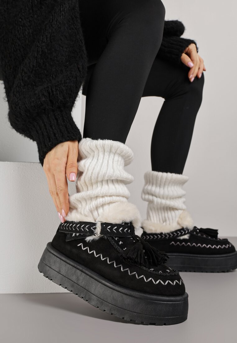 fashion belle Ghete de zăpadă Negre cu Talpă Groasă cu Franjuri și Broderie Linodis