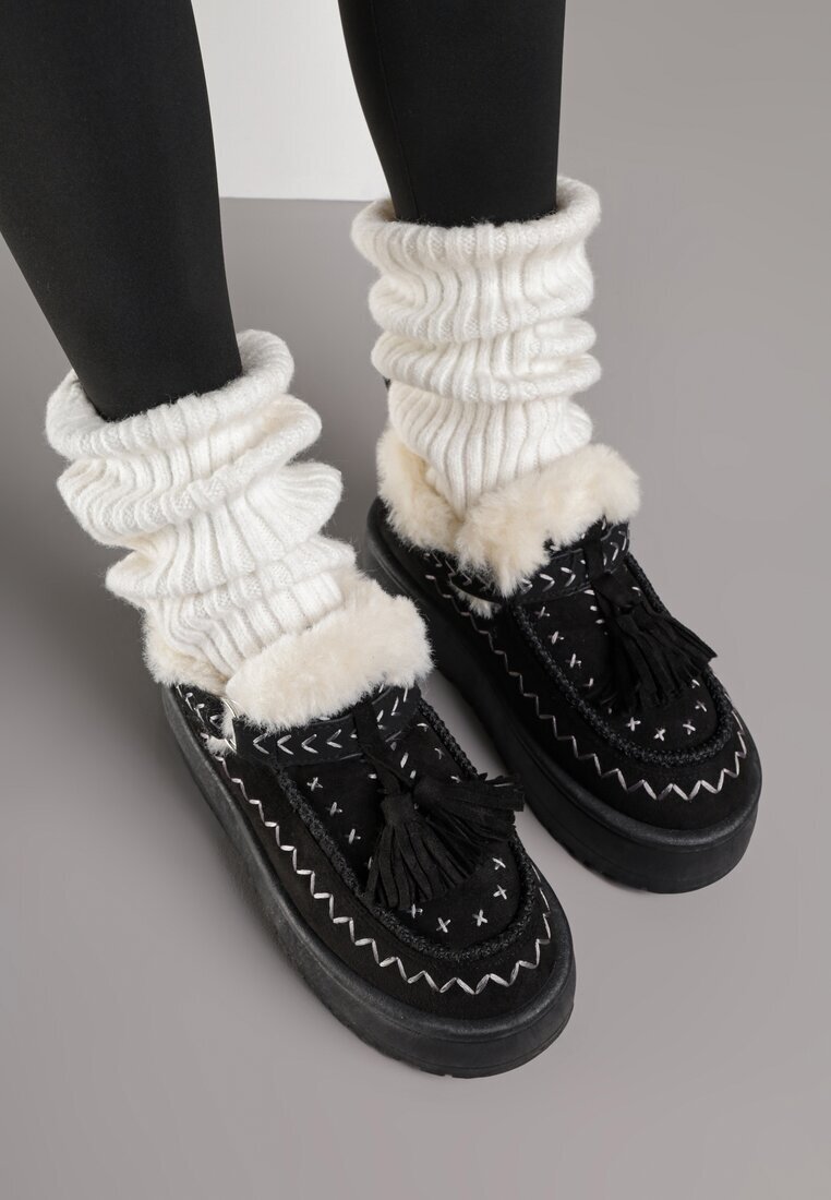 fashion belle Ghete de zăpadă Negre cu Talpă Groasă cu Franjuri și Broderie Linodis