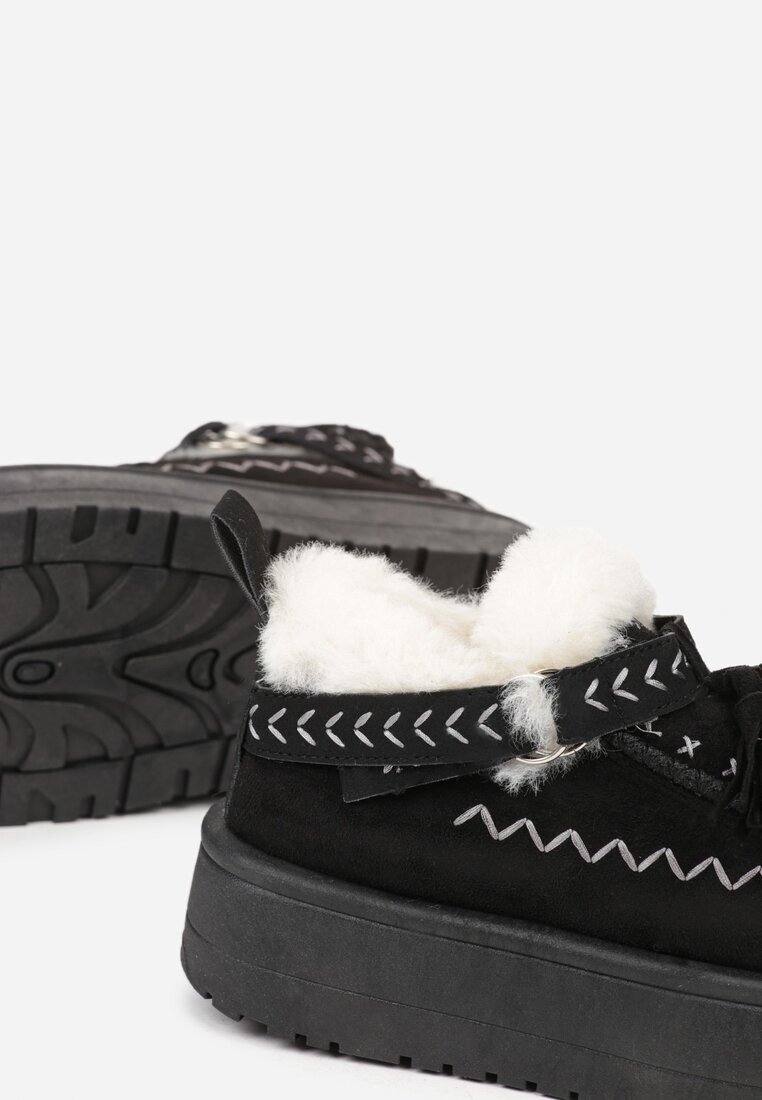 fashion belle Ghete de zăpadă Negre cu Talpă Groasă cu Franjuri și Broderie Linodis