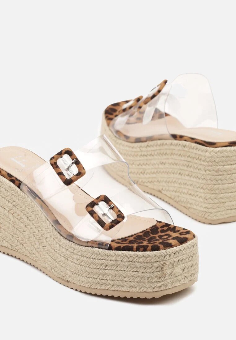fashion belle Papuci cu imprimeu de leopard pe platformă împletită cu barete transparente și catarame Lunirea