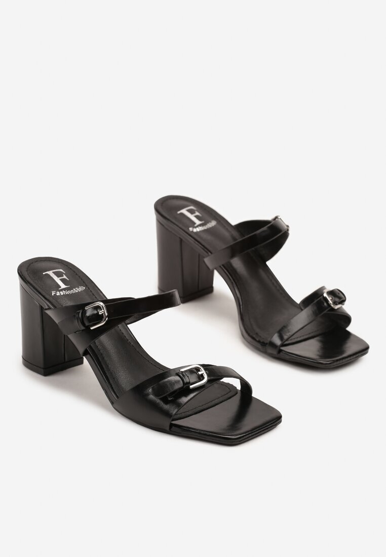 fashion belle Papuci Negri cu toc gros Decorați cu catarame Zarirene