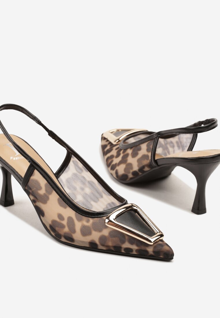 fashion belle Sandale Leopard din plasă cu cataramă pe toc stiletto scund Fainna