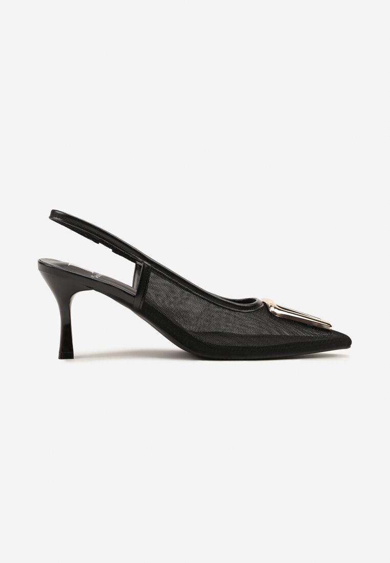fashion belle Sandale Negre din Plasă cu Cataramă cu Toc Subțire Mic Fainna