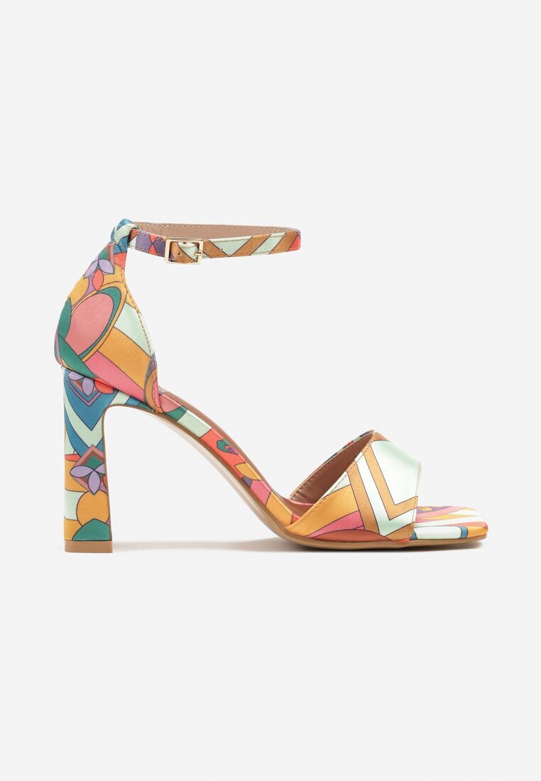 fashion belle Sandale Portocalii cu Toc Gros Decorate cu Model Abstract Gavineas
