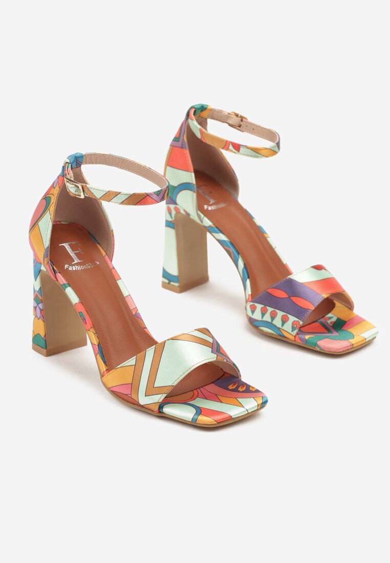 fashion belle Sandale Portocalii cu Toc Gros Decorate cu Model Abstract Gavineas