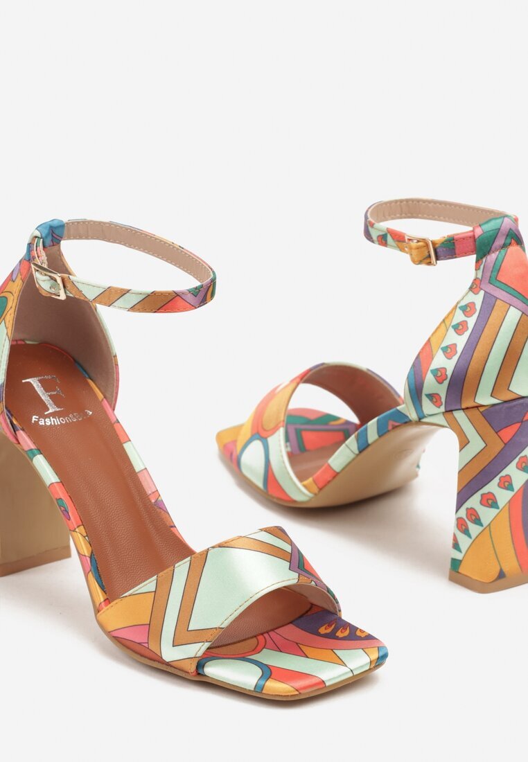 fashion belle Sandale Portocalii cu Toc Gros Decorate cu Model Abstract Gavineas