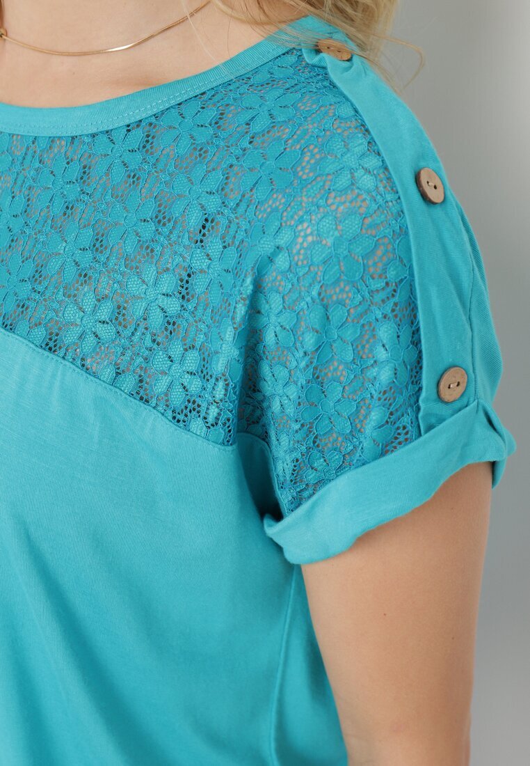 fashion Bluză Albastră Perforată din Viscoză Decorată cu Nasturi Elloria
