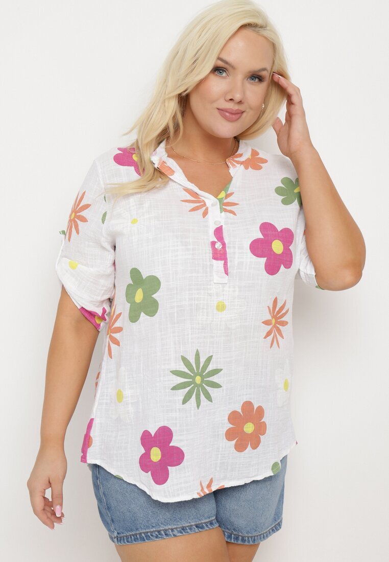 fashion Cămașă albă din In și Bumbac cu Imprimeu Floral cu Mânecă Scurtă Ambubia
