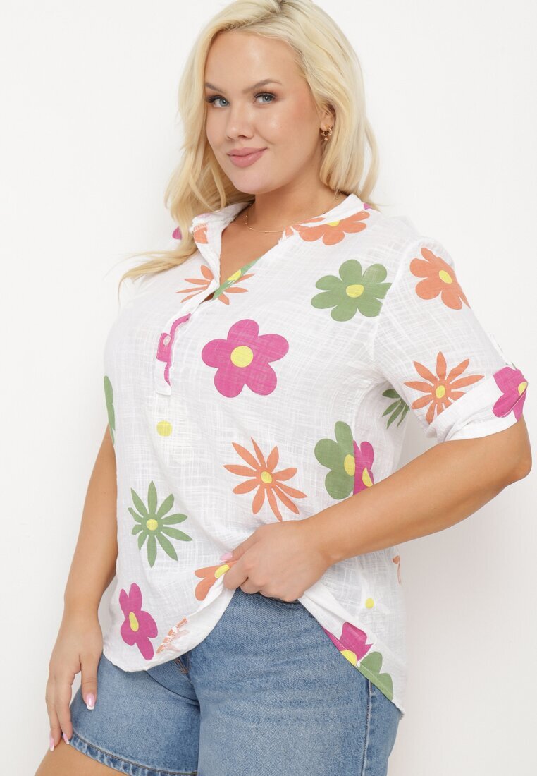 fashion Cămașă albă din In și Bumbac cu Imprimeu Floral cu Mânecă Scurtă Ambubia