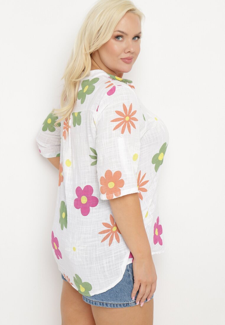fashion Cămașă albă din In și Bumbac cu Imprimeu Floral cu Mânecă Scurtă Ambubia