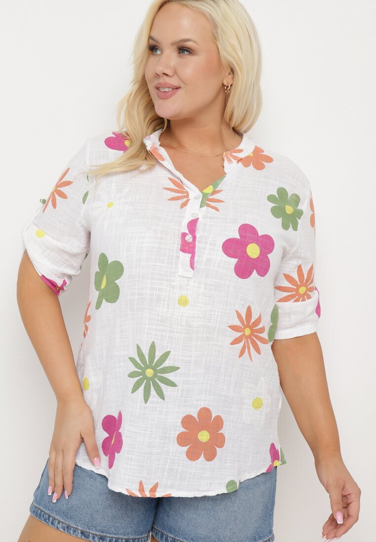 fashion Cămașă albă din In și Bumbac cu Imprimeu Floral cu Mânecă Scurtă Ambubia