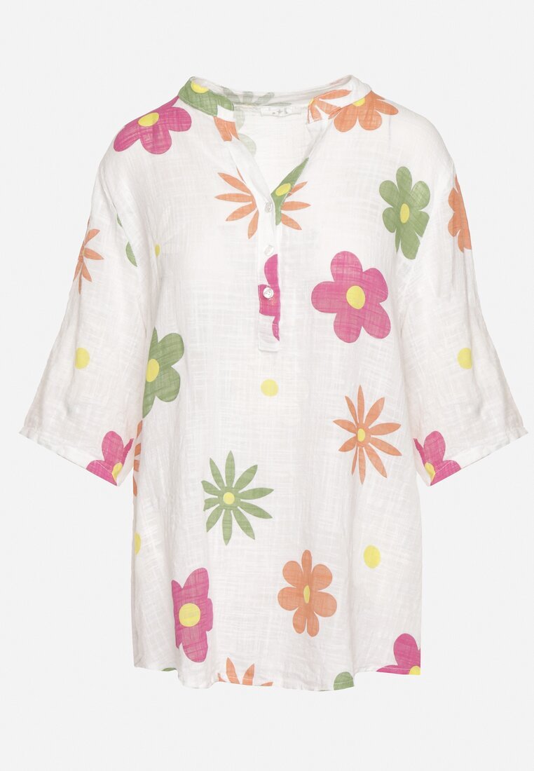 fashion Cămașă albă din In și Bumbac cu Imprimeu Floral cu Mânecă Scurtă Ambubia