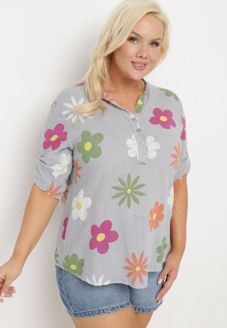 fashion Cămașă Gri din In și Bumbac Florală cu Mânecă Scurtă Ambubia