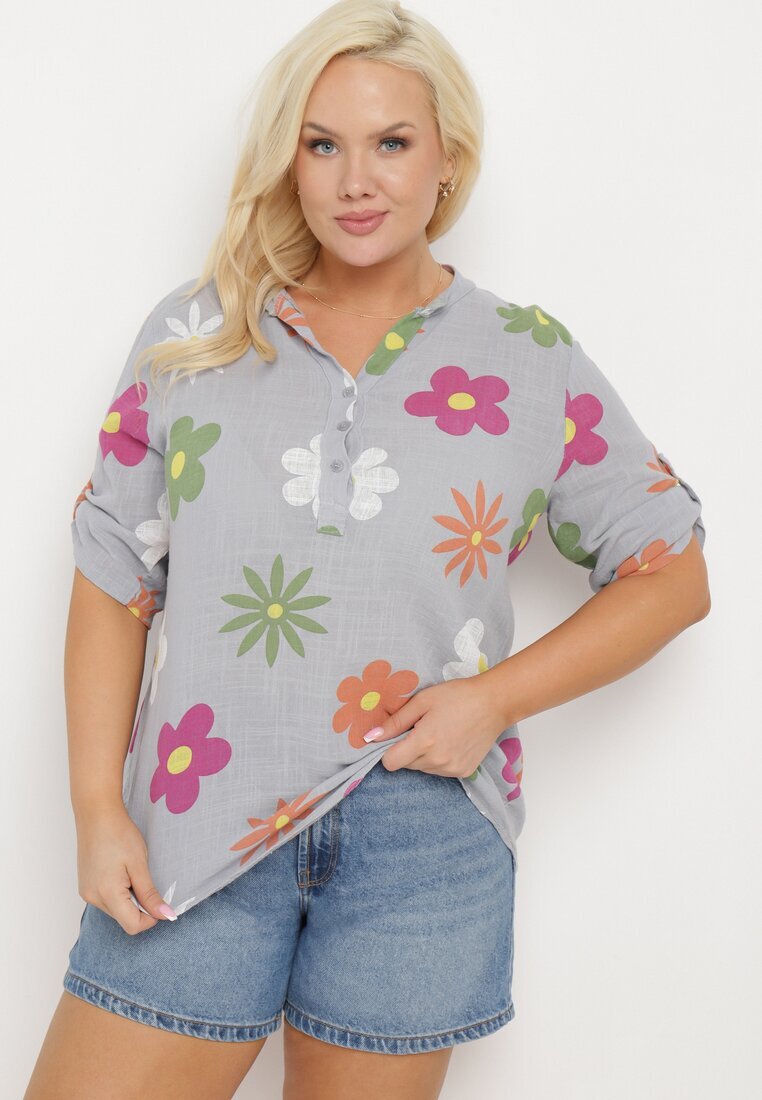 fashion Cămașă Gri din In și Bumbac Florală cu Mânecă Scurtă Ambubia
