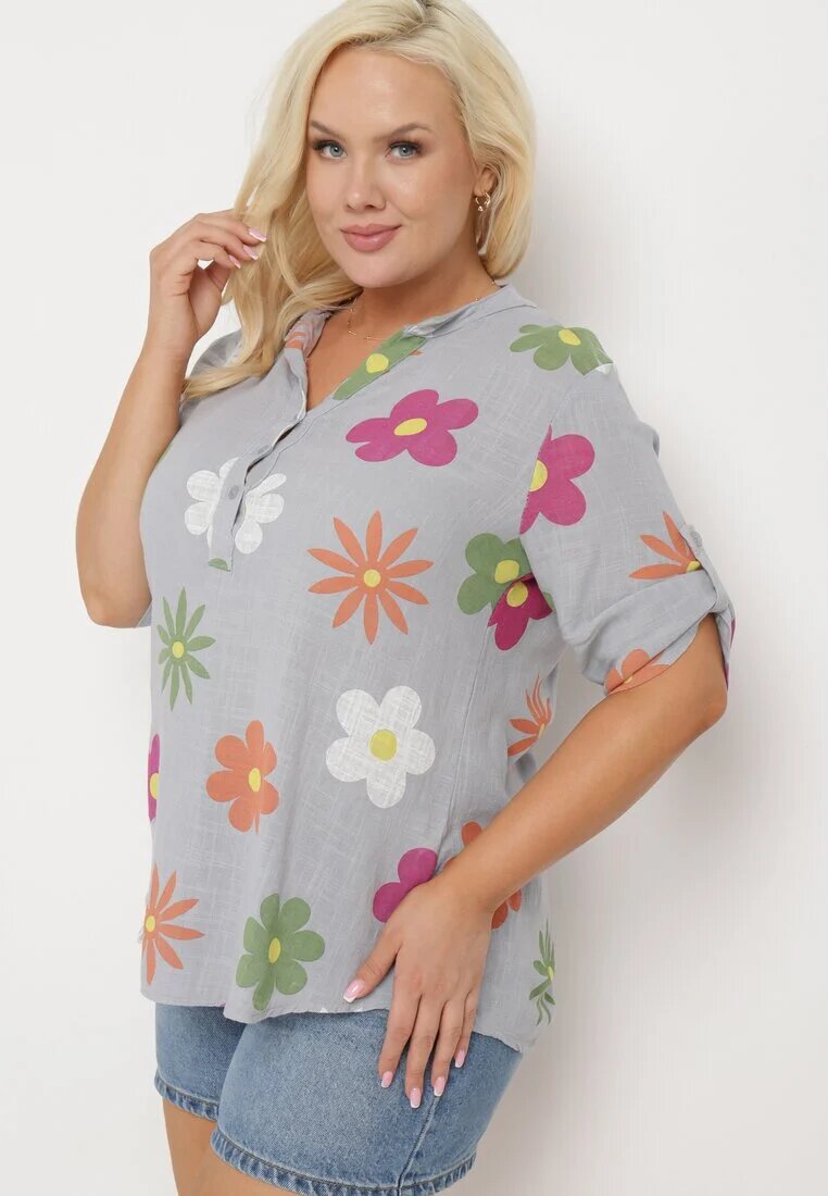 fashion Cămașă Gri din In și Bumbac Florală cu Mânecă Scurtă Ambubia