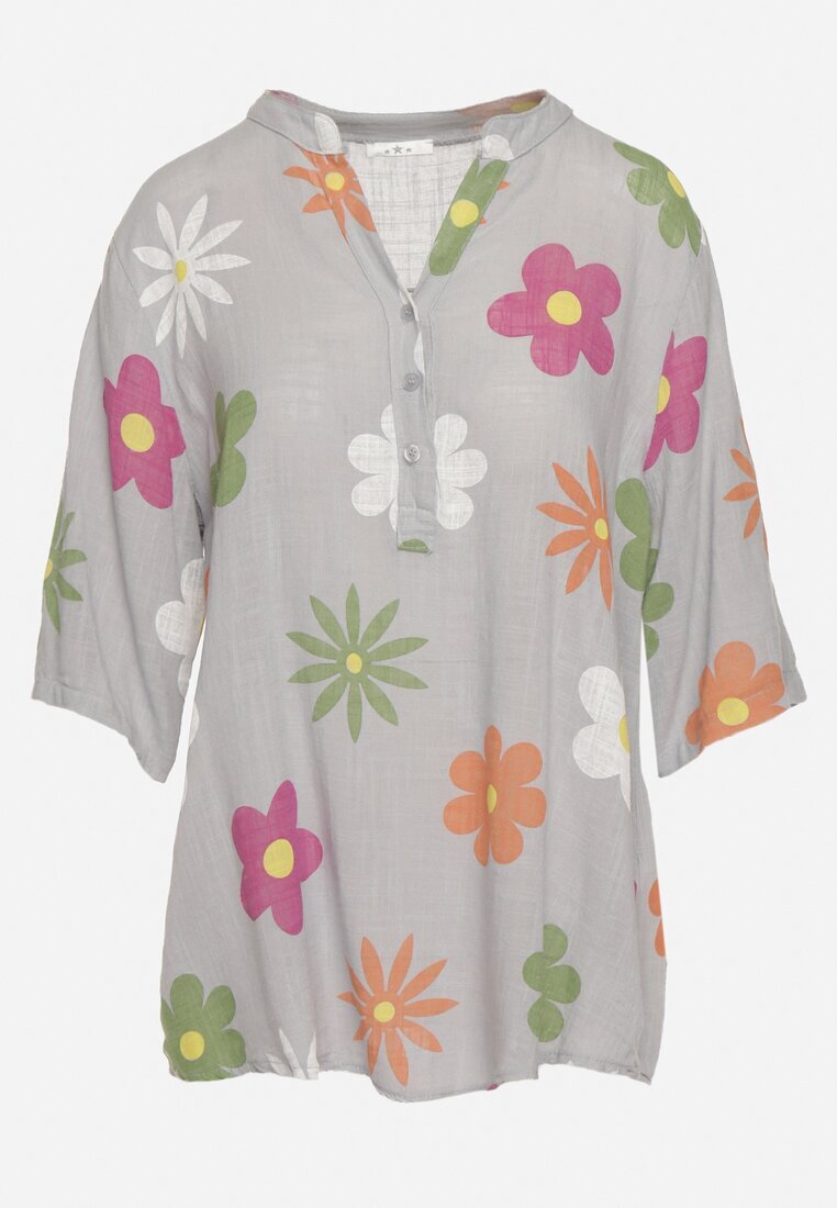 fashion Cămașă Gri din In și Bumbac Florală cu Mânecă Scurtă Ambubia