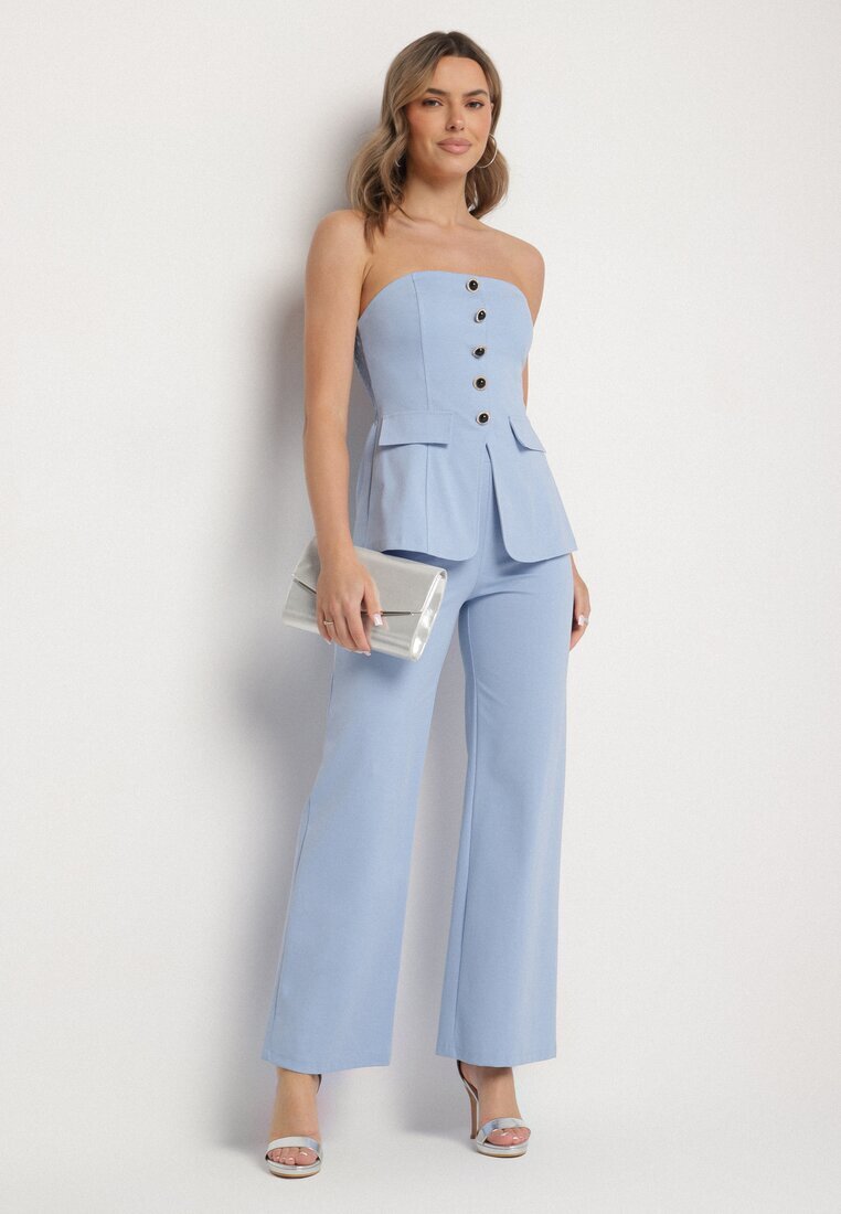 fashion Compleu Albastru Top cu Bască și nasturi decorativi și Pantaloni Largi Palesia