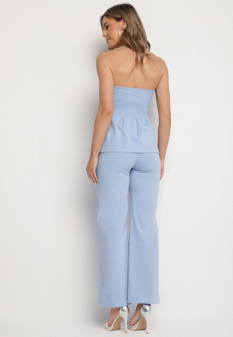 fashion Compleu Albastru Top cu Bască și nasturi decorativi și Pantaloni Largi Palesia