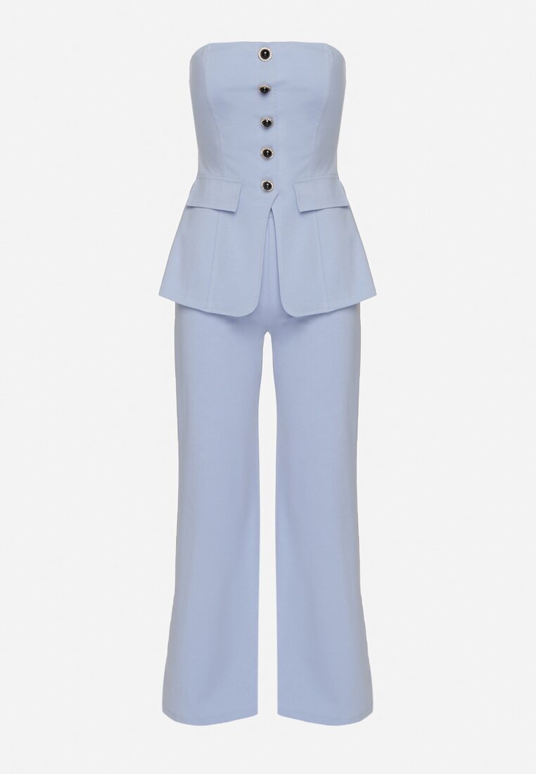 fashion Compleu Albastru Top cu Bască și nasturi decorativi și Pantaloni Largi Palesia