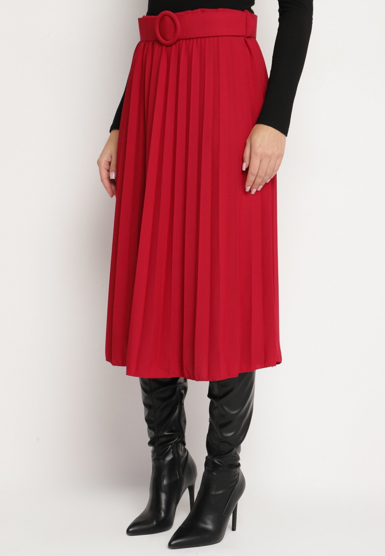 fashion Fustă Roșie Plisată Decorată cu Cordon cu Cataramă Rotundă Sanelle