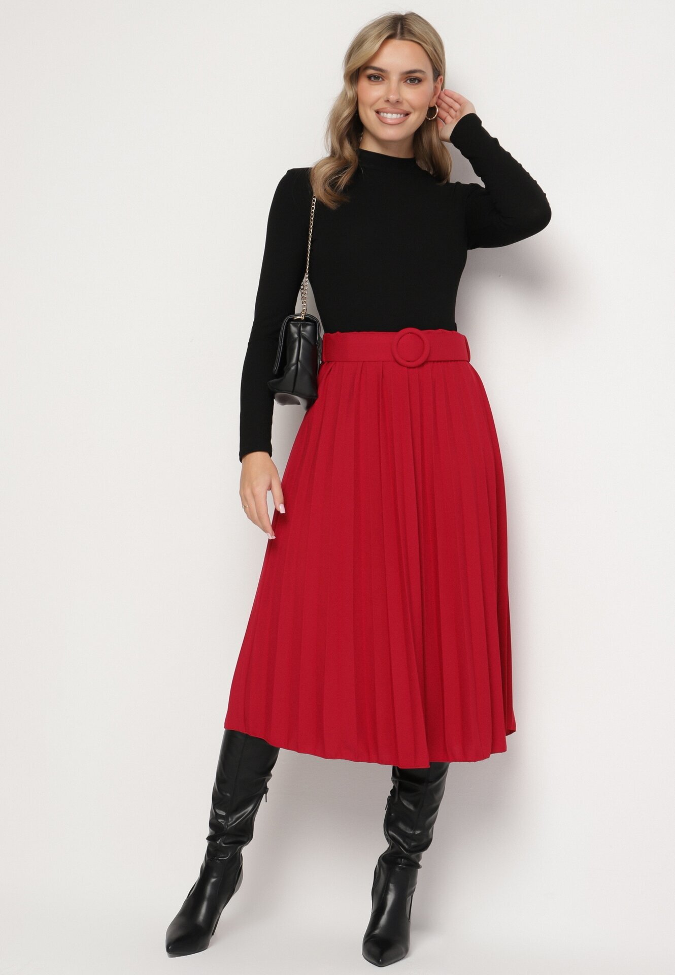 fashion Fustă Roșie Plisată Decorată cu Cordon cu Cataramă Rotundă Sanelle