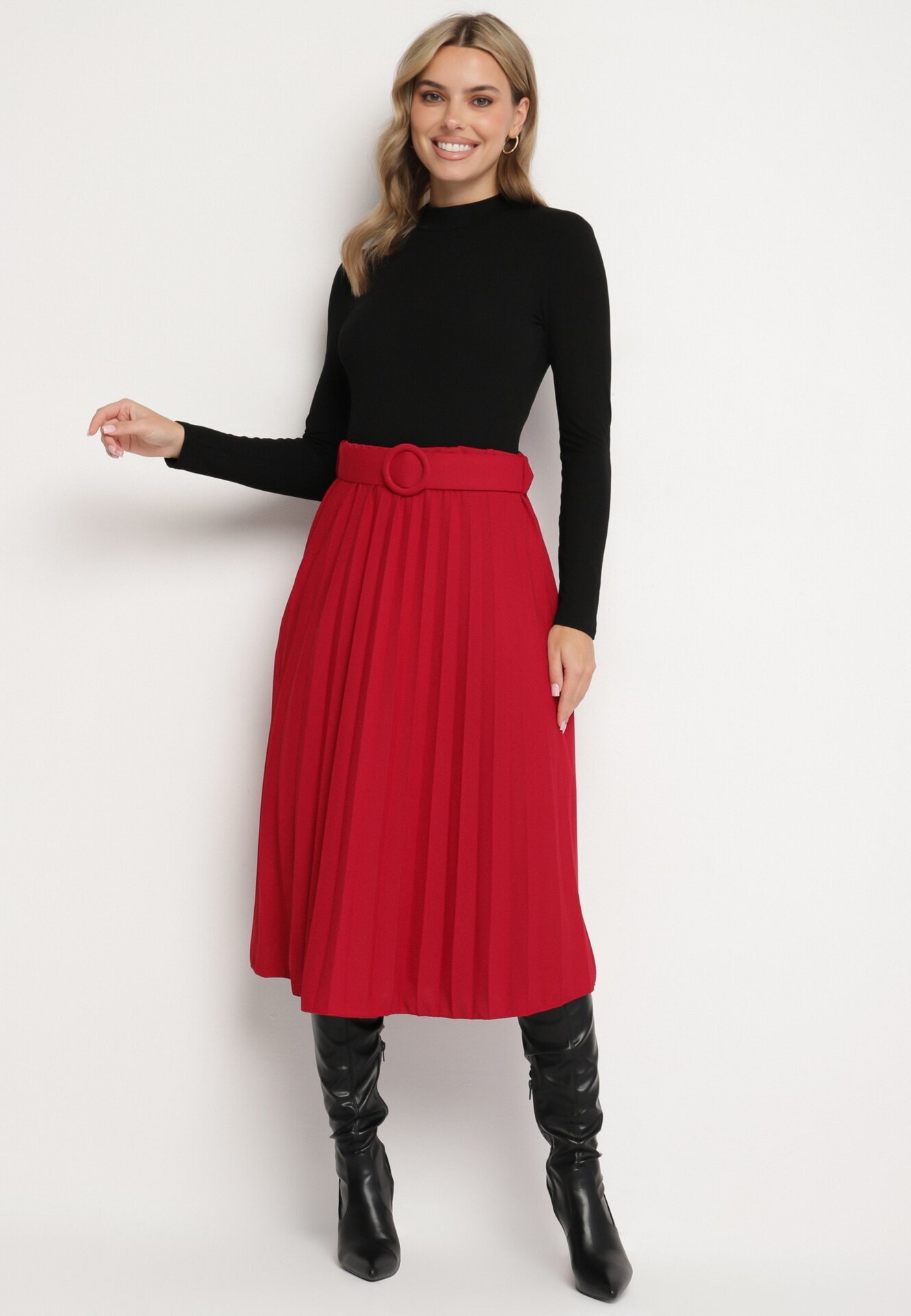 fashion Fustă Roșie Plisată Decorată cu Cordon cu Cataramă Rotundă Sanelle