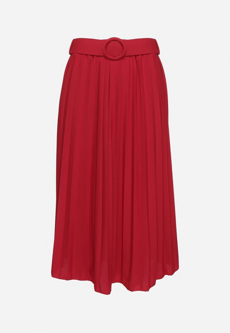fashion Fustă Roșie Plisată Decorată cu Cordon cu Cataramă Rotundă Sanelle