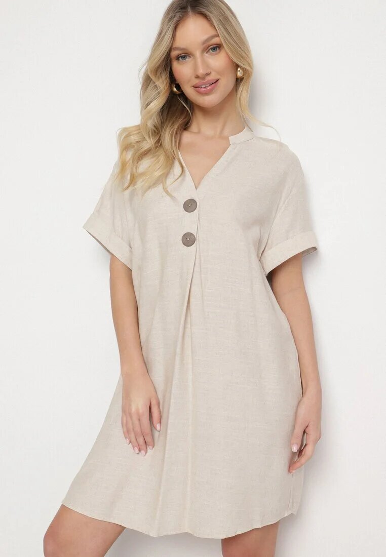 fashion Rochie Bej deschis din bumbac cu croială dreaptă cu mânecă scurtă și nasturi Elaniwen