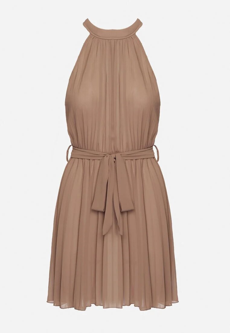 fashion Rochie bej plisată mini cu curea textilă cu închidere la gât Xaliarra