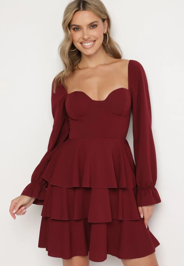 fashion Rochie Evazată Bordo cu Volane și Mâneci Bufante Semithara