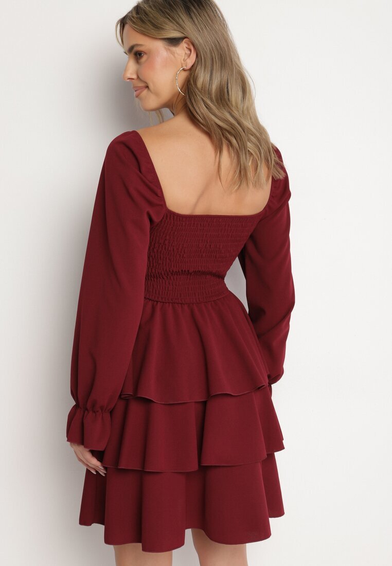 fashion Rochie Evazată Bordo cu Volane și Mâneci Bufante Semithara