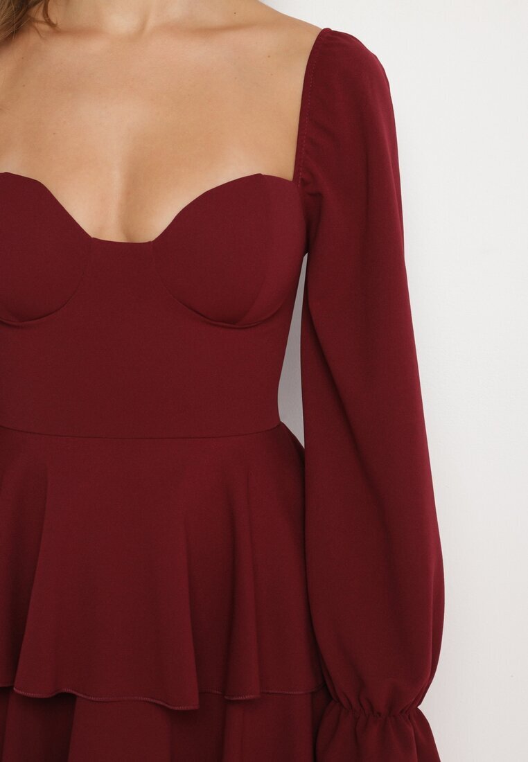 fashion Rochie Evazată Bordo cu Volane și Mâneci Bufante Semithara
