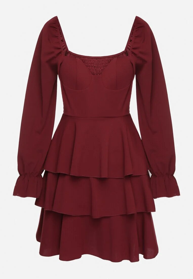 fashion Rochie Evazată Bordo cu Volane și Mâneci Bufante Semithara