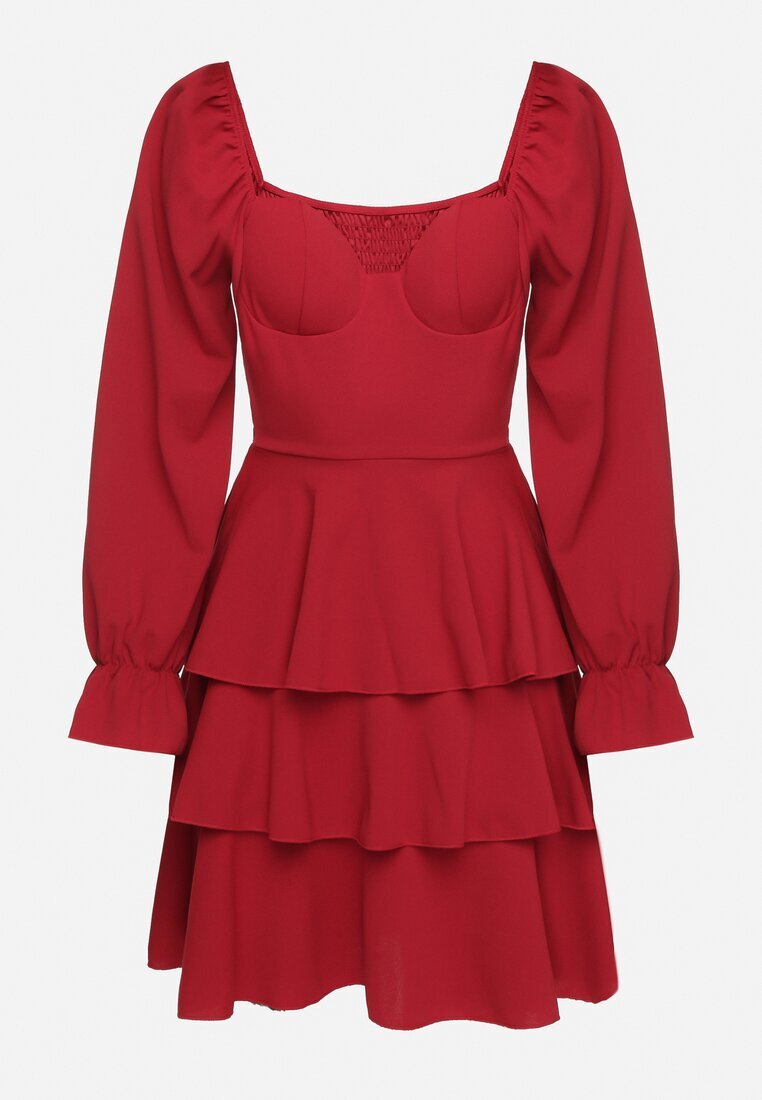 fashion Rochie Evazată Roșie cu Volane și Mâneci Bufante Semithara