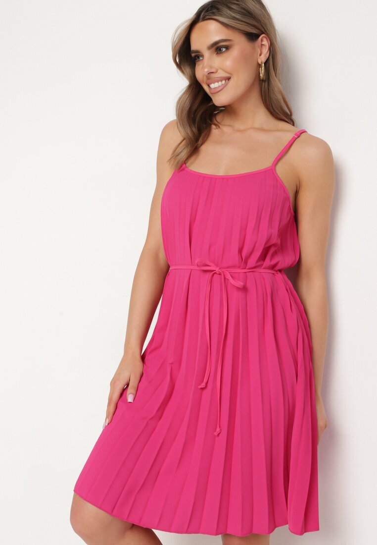 fashion Rochie Fucsia cu Bretele Reglabile cu Curea din Material Textil Liata