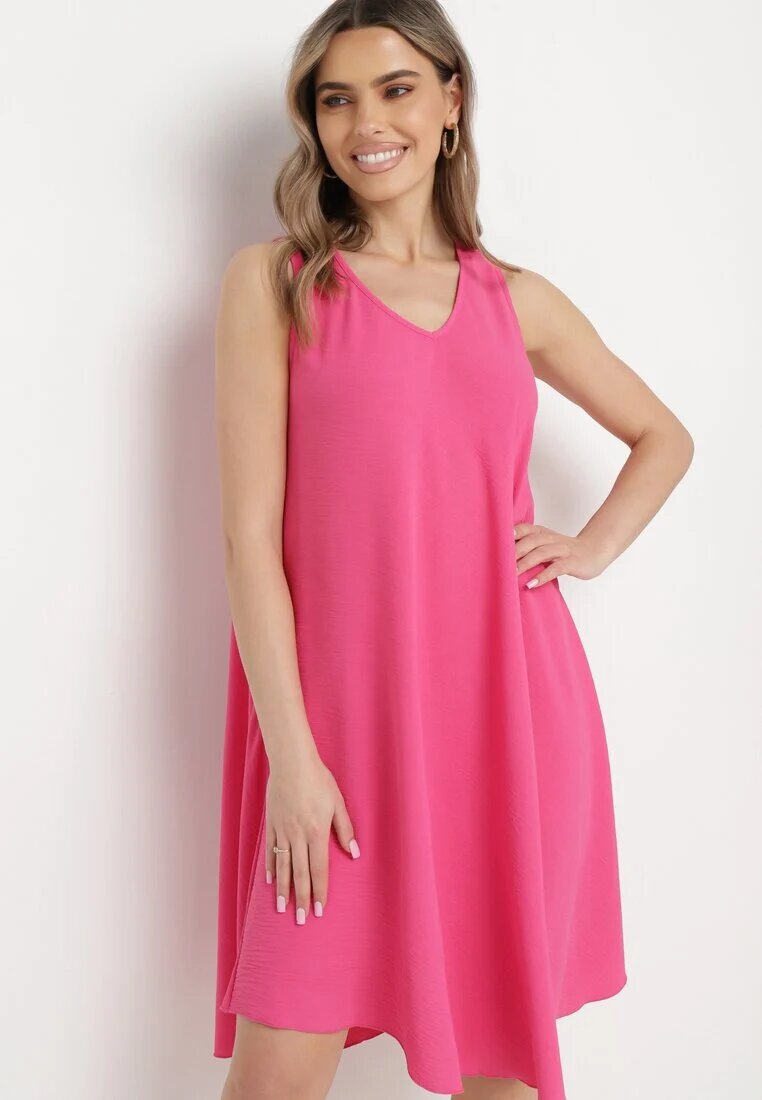 fashion Rochie Fucsia Netedă Midi cu bretele cu decolteu triunghiular Voriala