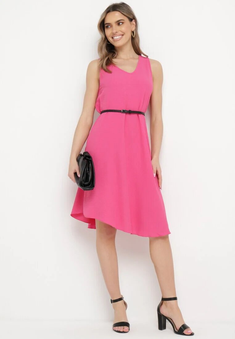 fashion Rochie Fucsia Netedă Midi cu bretele cu decolteu triunghiular Voriala