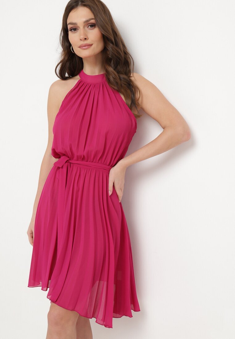 fashion Rochie Fucsia Plisată Mini cu curea textilă cu închidere la gât Xaliarra