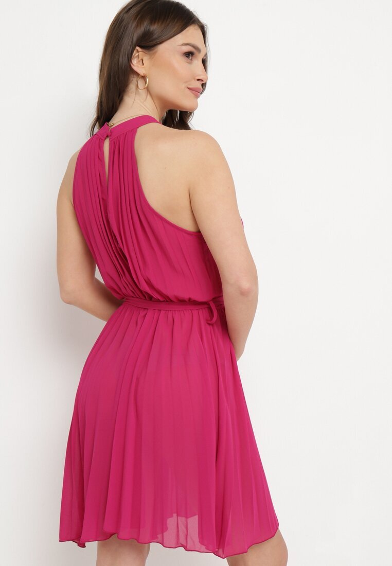 fashion Rochie Fucsia Plisată Mini cu curea textilă cu închidere la gât Xaliarra