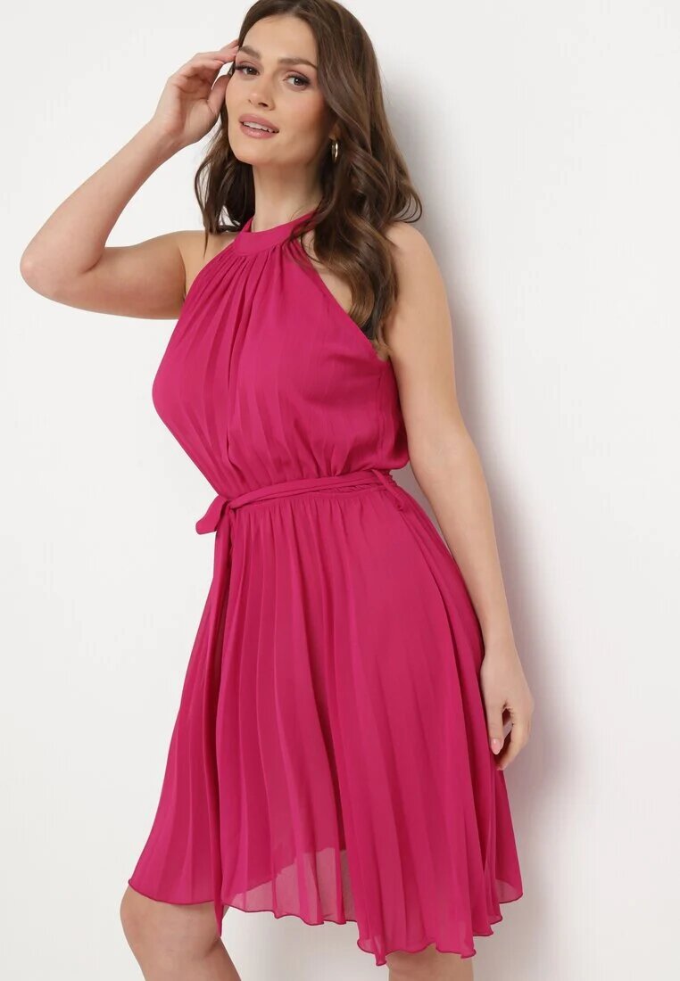 fashion Rochie Fucsia Plisată Mini cu curea textilă cu închidere la gât Xaliarra