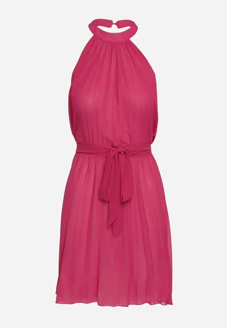fashion Rochie Fucsia Plisată Mini cu curea textilă cu închidere la gât Xaliarra