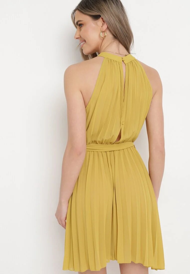 fashion Rochie Galbenă Plisată Mini cu Curea din material cu Închidere la gât Xaliarra