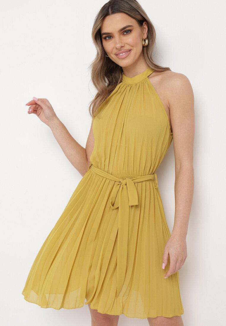 fashion Rochie Galbenă Plisată Mini cu Curea din material cu Închidere la gât Xaliarra