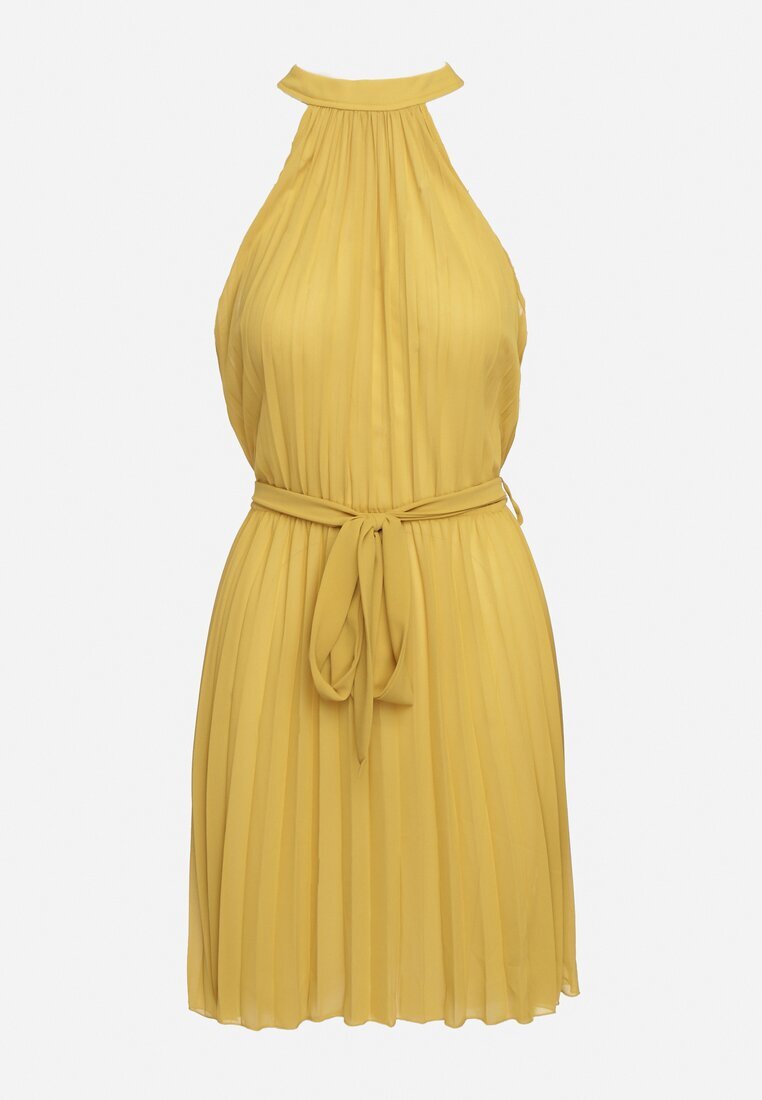 fashion Rochie Galbenă Plisată Mini cu Curea din material cu Închidere la gât Xaliarra