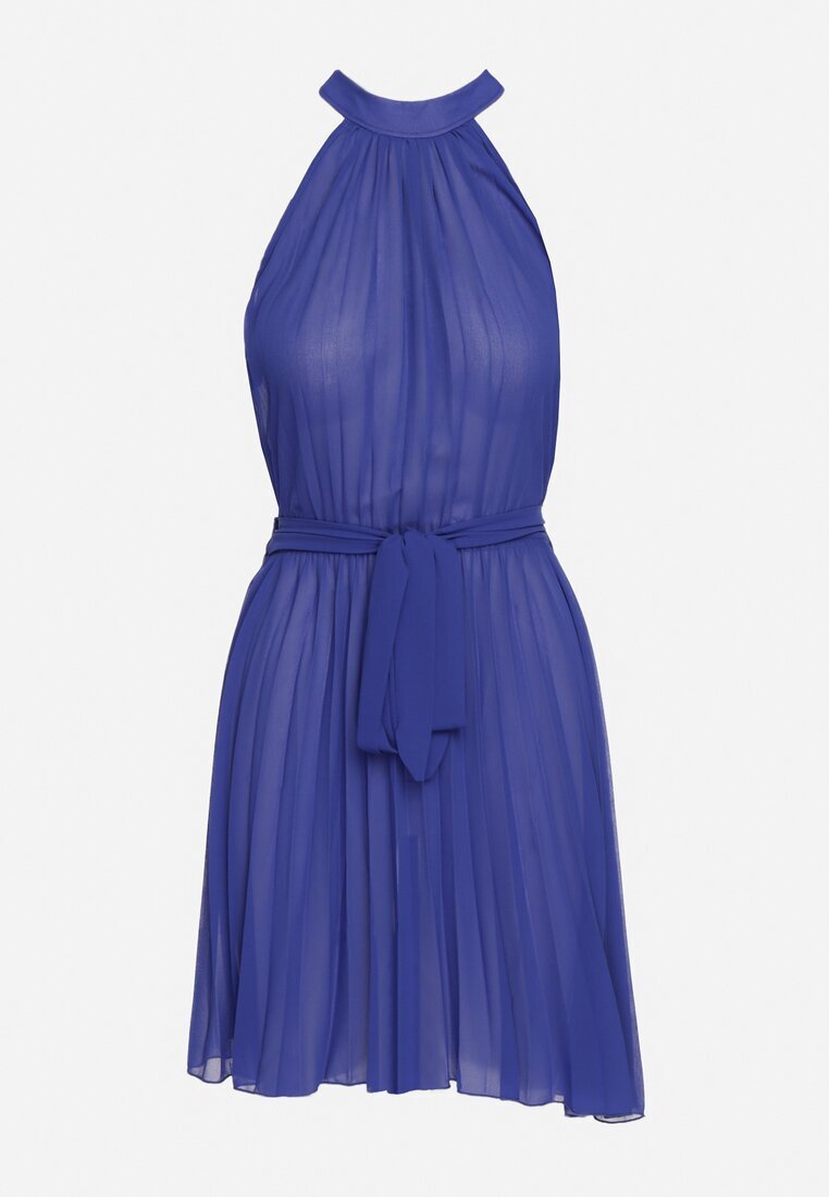 fashion Rochie mini bleumarin plisată cu curea din material textil cu închidere la gât Xaliarra