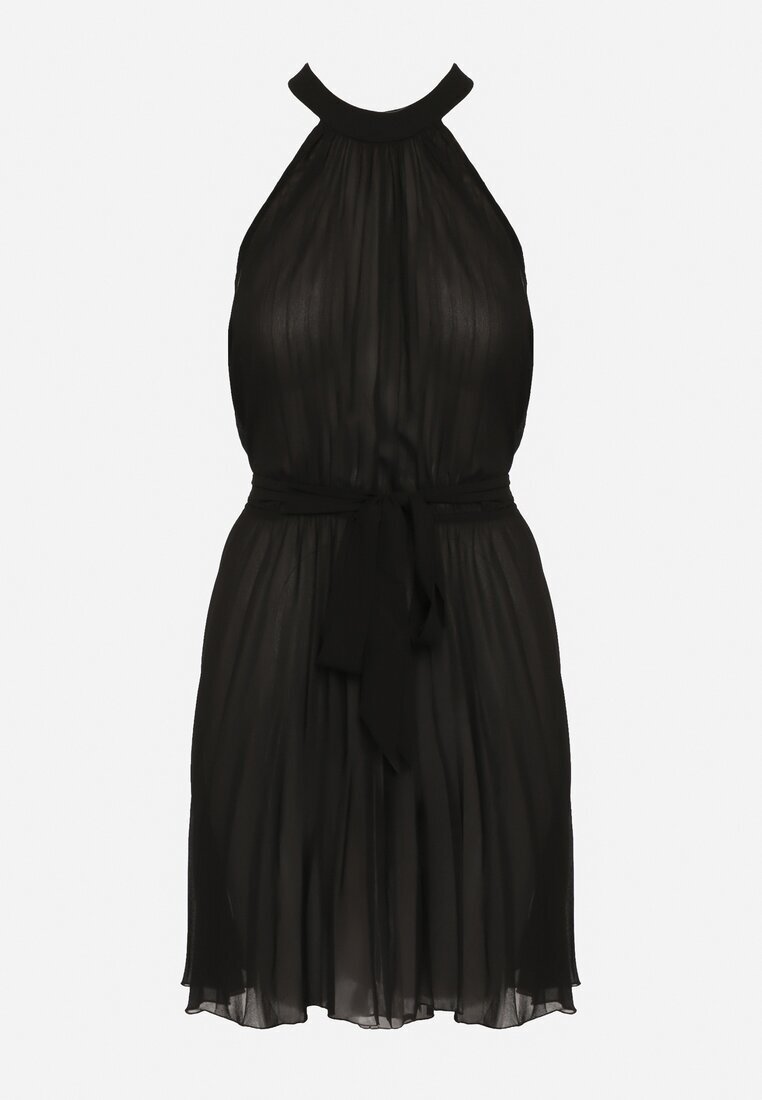 fashion Rochie Mini Plisată Neagră cu curea din material cu închidere la gât Xaliarra