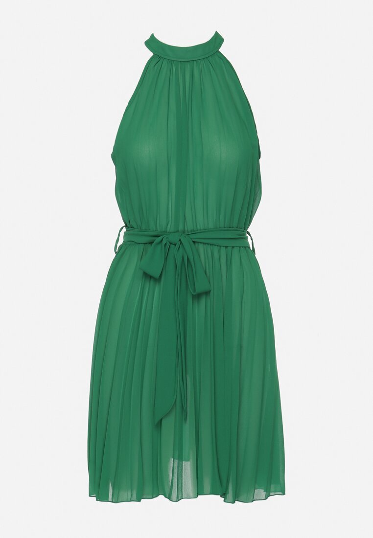 fashion Rochie Mini Plisată Verde cu Curea din Material cu Închidere la Gât Xaliarra