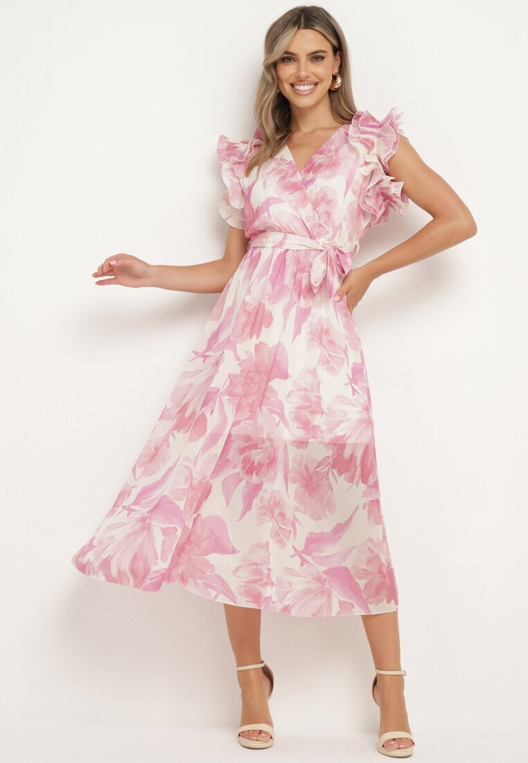 fashion Rochie petrecută roz cu elastic în talie și curea din material cu volane Dimrina